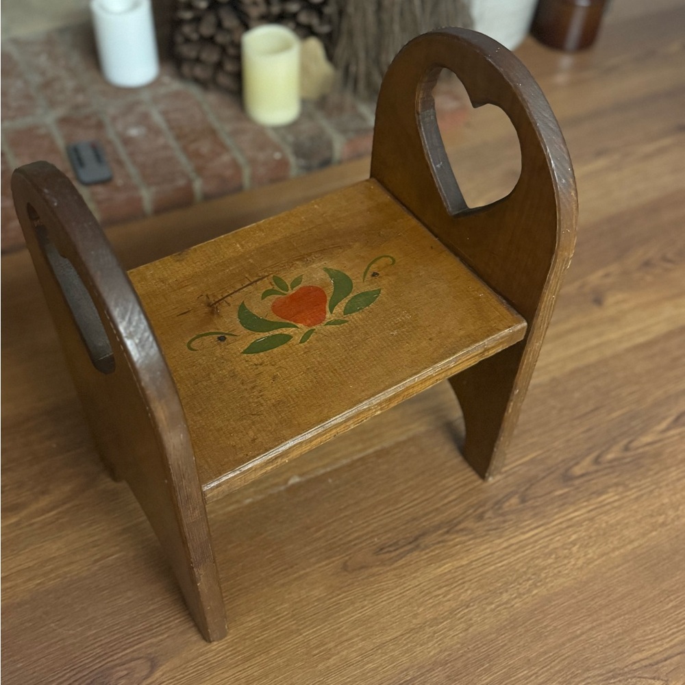 Vintage Wooden Stool with Heart Design